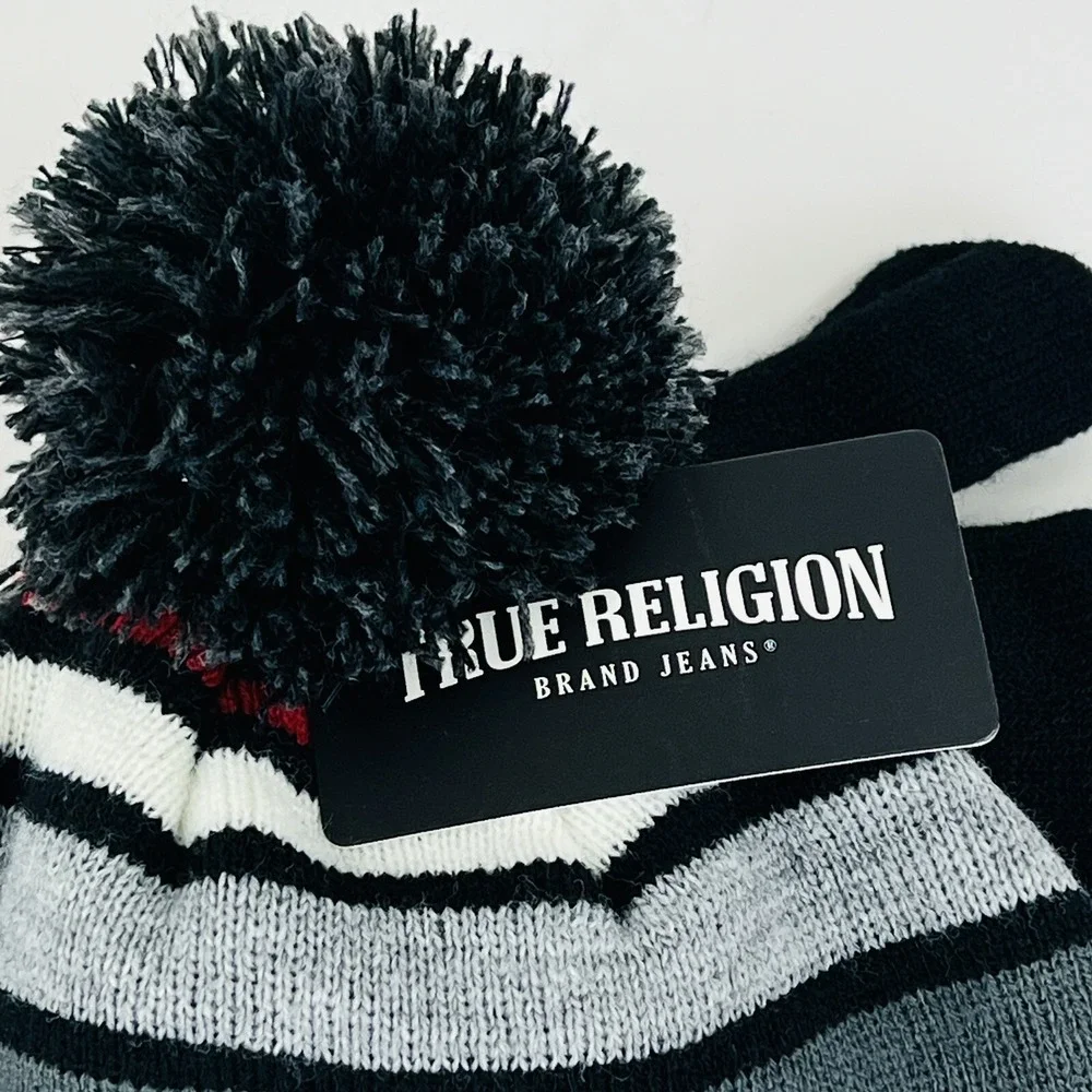 NWT True Religion Kids Hat & Gloves 2-Pieces Set Black Grey Logo‎ Front One Size
